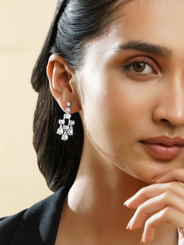 Rubans Rhodium-Plated White Crystal AD Studded Statement Dangler Earrings