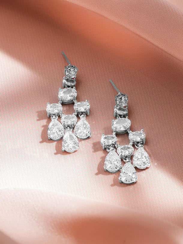 Rubans Rhodium-Plated White Crystal AD Studded Statement Dangler Earrings