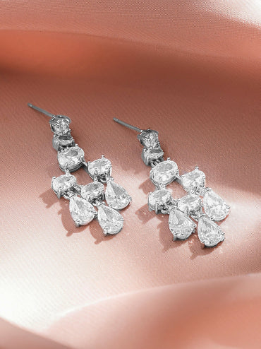 Rubans Rhodium-Plated White Crystal AD Studded Statement Dangler Earrings