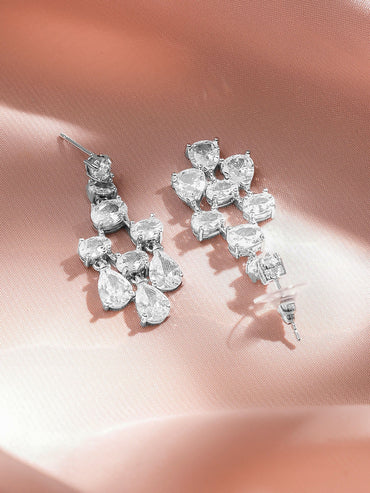 Rubans Rhodium-Plated White Crystal AD Studded Statement Dangler Earrings