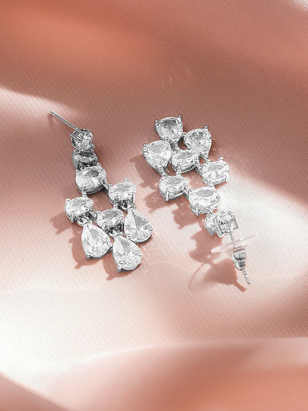 Rubans Rhodium-Plated White Crystal AD Studded Statement Dangler Earrings