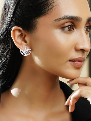 Rubans Rhodium-Plated White Crystal AD Open Fan Motif Stylish Statement Stud Earrings