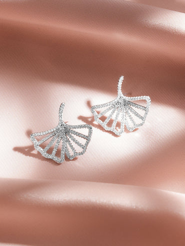Rubans Rhodium-Plated White Crystal AD Open Fan Motif Stylish Statement Stud Earrings