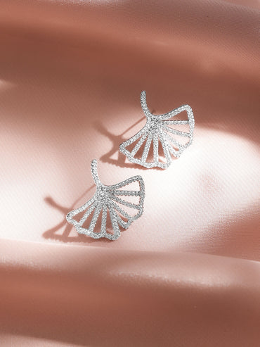 Rubans Rhodium-Plated White Crystal AD Open Fan Motif Stylish Statement Stud Earrings