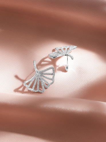 Rubans Rhodium-Plated White Crystal AD Open Fan Motif Stylish Statement Stud Earrings