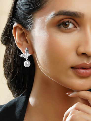 Rubans Rhodium Plated Butterfly Marquise Crystal & Pearl Drop Elegant Earrings