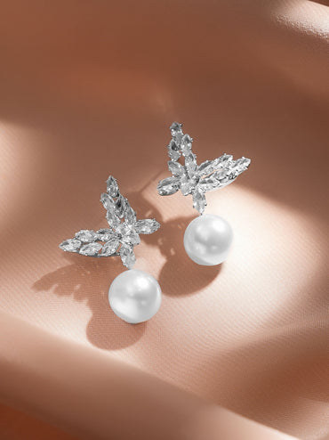 Rubans Rhodium Plated Butterfly Marquise Crystal & Pearl Drop Elegant Earrings