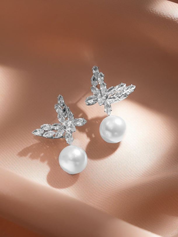Rubans Rhodium Plated Butterfly Marquise Crystal & Pearl Drop Elegant Earrings