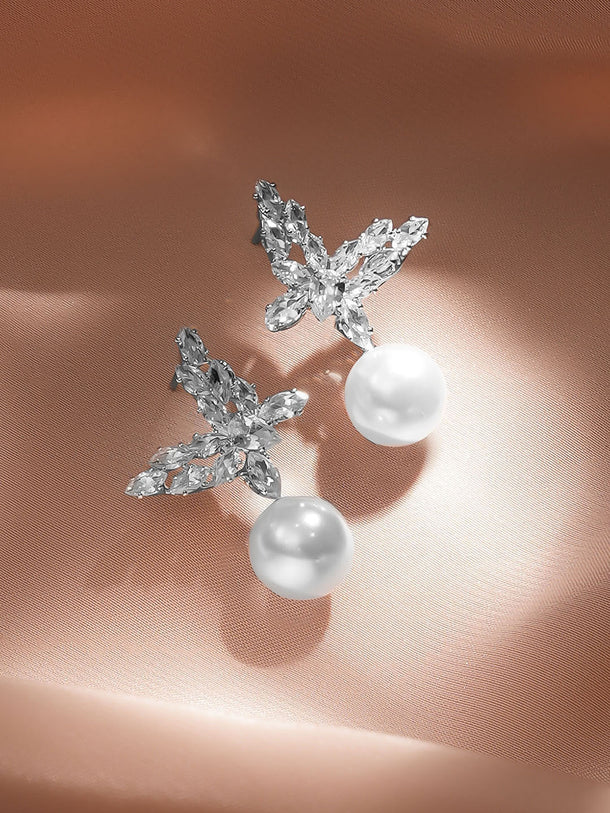 Rubans Rhodium Plated Butterfly Marquise Crystal & Pearl Drop Elegant Earrings