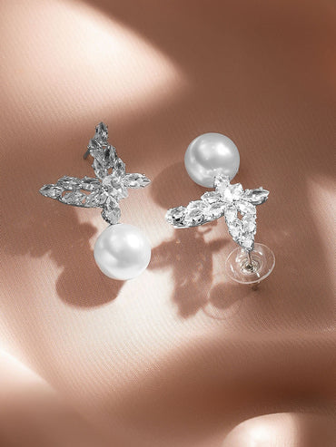 Rubans Rhodium Plated Butterfly Marquise Crystal & Pearl Drop Elegant Earrings
