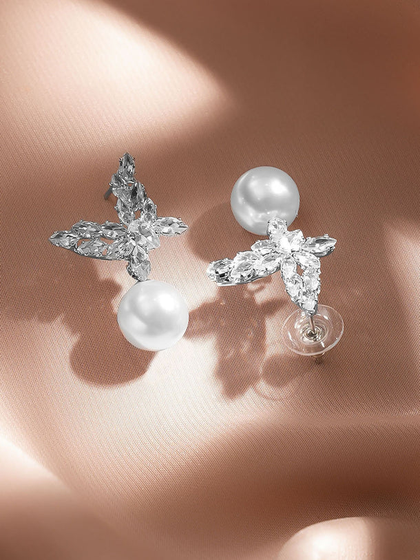 Rubans Rhodium Plated Butterfly Marquise Crystal & Pearl Drop Elegant Earrings