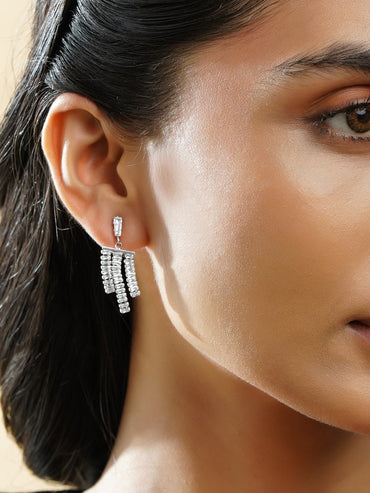 Rubans Rhodium-Plated Crystal Zirconia Embellished Multi-Tassel Statement Earrings