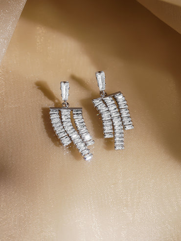 Rubans Rhodium-Plated Crystal Zirconia Embellished Multi-Tassel Statement Earrings