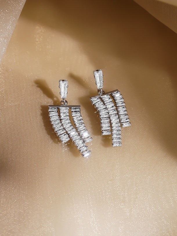 Rubans Rhodium-Plated Crystal Zirconia Embellished Multi-Tassel Statement Earrings