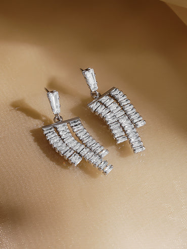 Rubans Rhodium-Plated Crystal Zirconia Embellished Multi-Tassel Statement Earrings