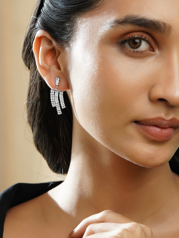 Rubans Rhodium-Plated Crystal Zirconia Embellished Multi-Tassel Statement Earrings