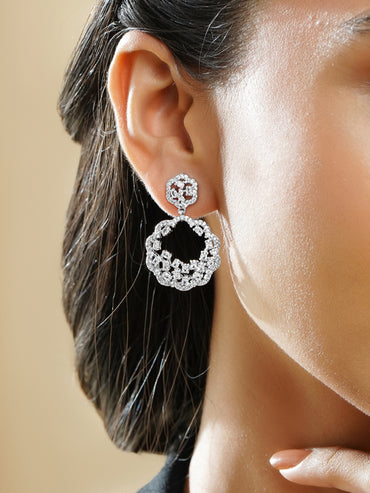 Rubans Rhodium-Plated White Zirconia Studded Floral Design Drop Earrings