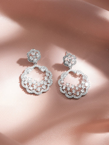 Rubans Rhodium-Plated White Zirconia Studded Floral Design Drop Earrings
