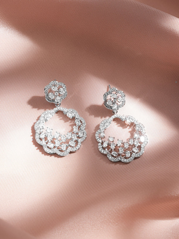 Rubans Rhodium-Plated White Zirconia Studded Floral Design Drop Earrings