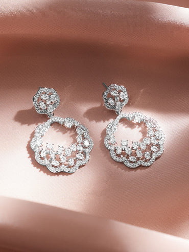 Rubans Rhodium-Plated White Zirconia Studded Floral Design Drop Earrings