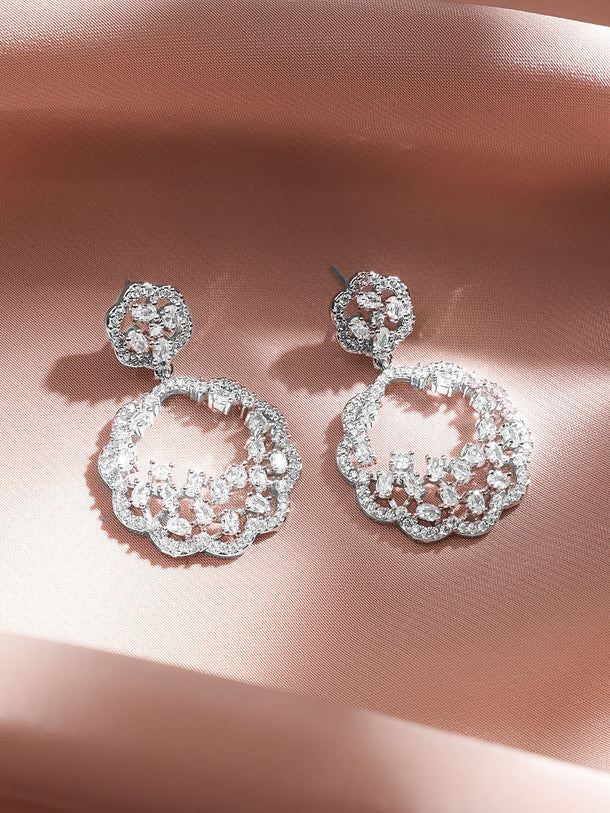 Rubans Rhodium-Plated White Zirconia Studded Floral Design Drop Earrings