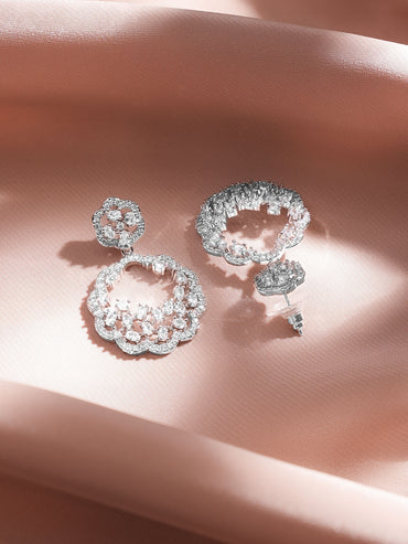 Rubans Rhodium-Plated White Zirconia Studded Floral Design Drop Earrings