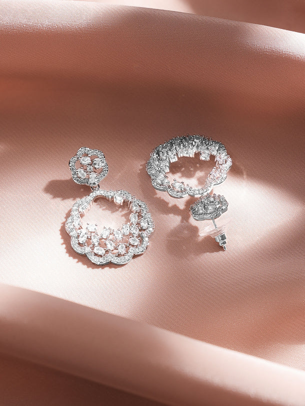 Rubans Rhodium-Plated White Zirconia Studded Floral Design Drop Earrings