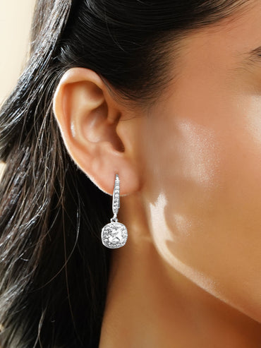 Rubans Rhodium-Plated Cushion Halo Cubic Zirconia Studded Drop Earrings