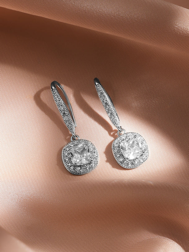 Rubans Rhodium-Plated Cushion Halo Cubic Zirconia Studded Drop Earrings
