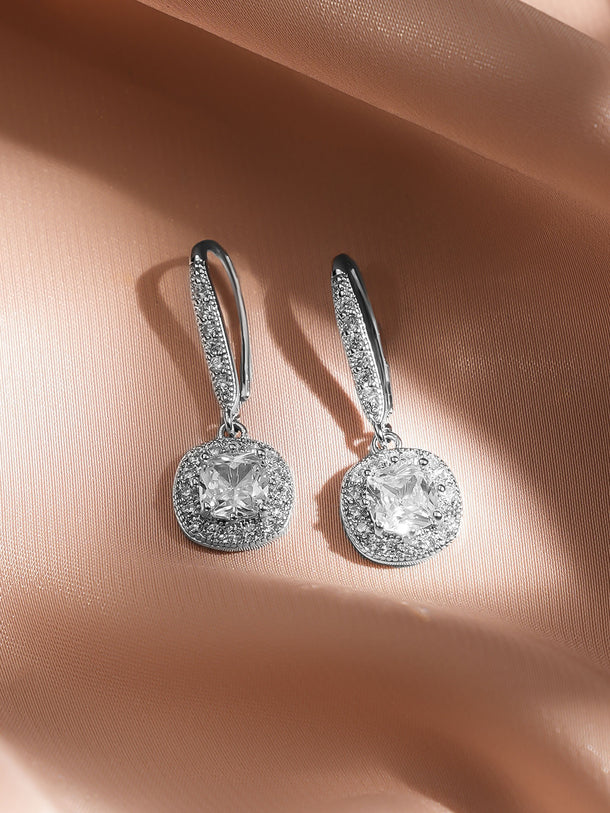 Rubans Rhodium-Plated Cushion Halo Cubic Zirconia Studded Drop Earrings