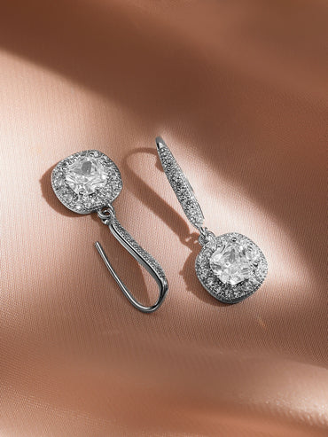 Rubans Rhodium-Plated Cushion Halo Cubic Zirconia Studded Drop Earrings