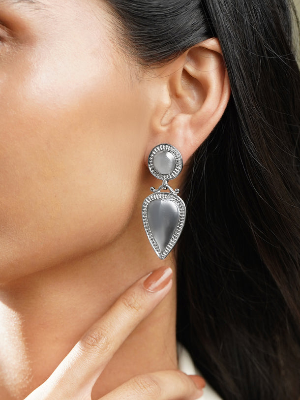 Rubans Rhodium-Plated Grey Stone & Crystal Zirconia Embellished Drop Earrings