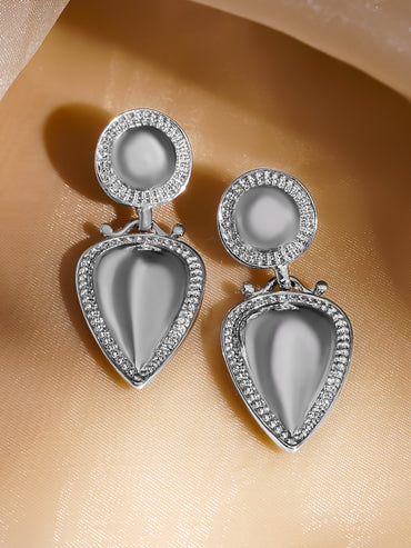 Rubans Rhodium-Plated Grey Stone & Crystal Zirconia Embellished Drop Earrings