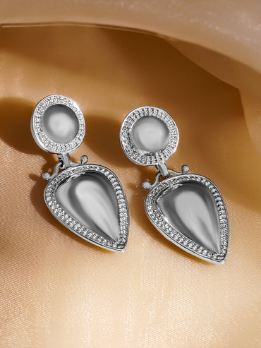 Rubans Rhodium-Plated Grey Stone & Crystal Zirconia Embellished Drop Earrings