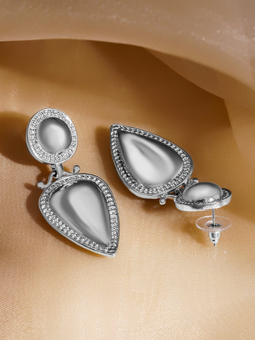 Rubans Rhodium-Plated Grey Stone & Crystal Zirconia Embellished Drop Earrings