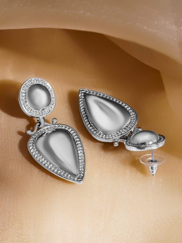 Rubans Rhodium-Plated Grey Stone & Crystal Zirconia Embellished Drop Earrings