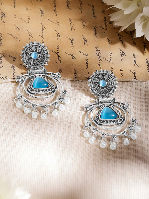 Moonlit Blue Pearl Oxidised Drop Earrings