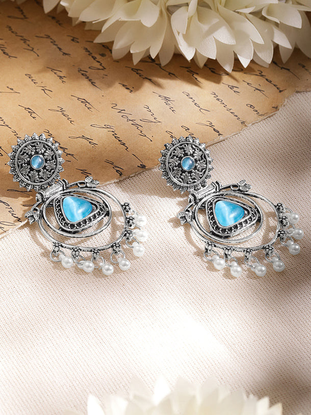 Moonlit Blue Pearl Oxidised Drop Earrings