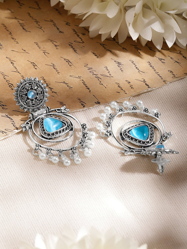 Moonlit Blue Pearl Oxidised Drop Earrings