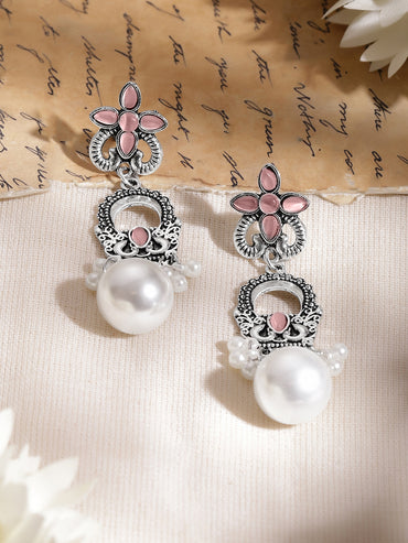 Blush Pink Petal Oxidised Pearl Earrings