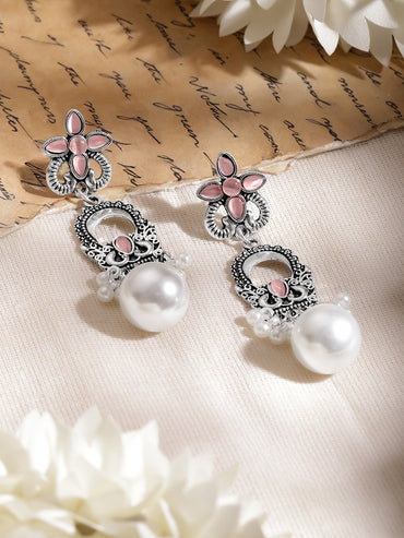 Blush Pink Petal Oxidised Pearl Earrings
