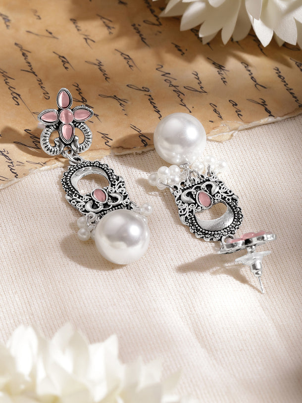 Blush Pink Petal Oxidised Pearl Earrings