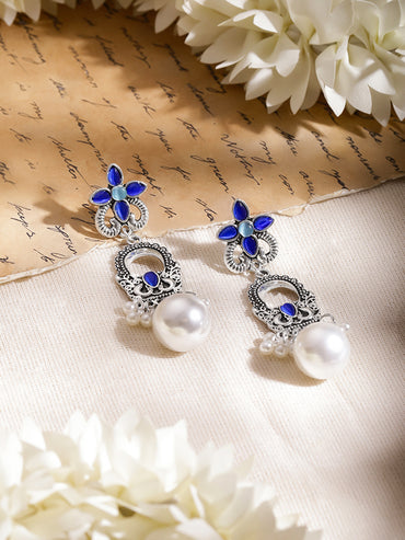 Moonlit Blue Petal Oxidised Pearl Earrings