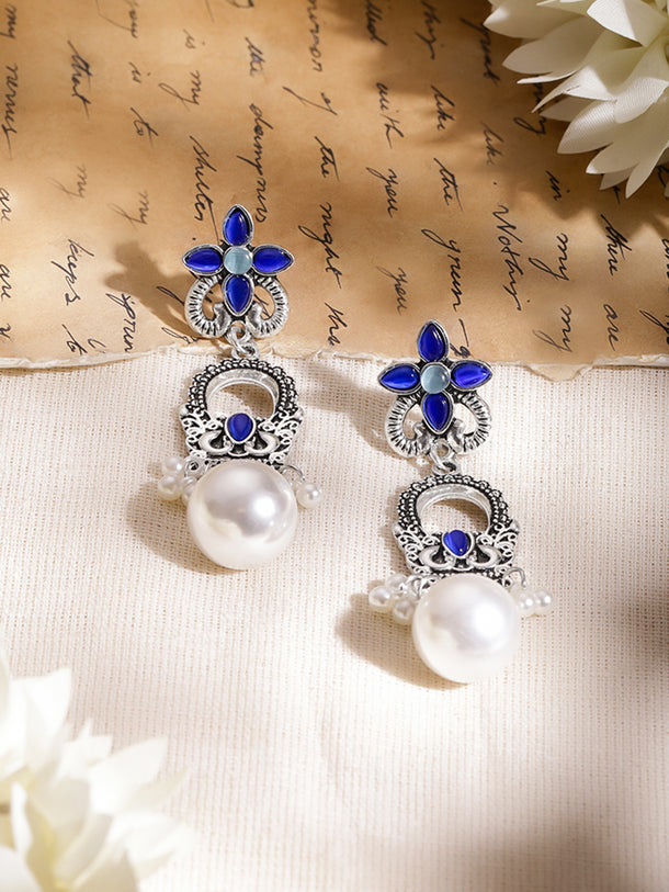 Moonlit Blue Petal Oxidised Pearl Earrings