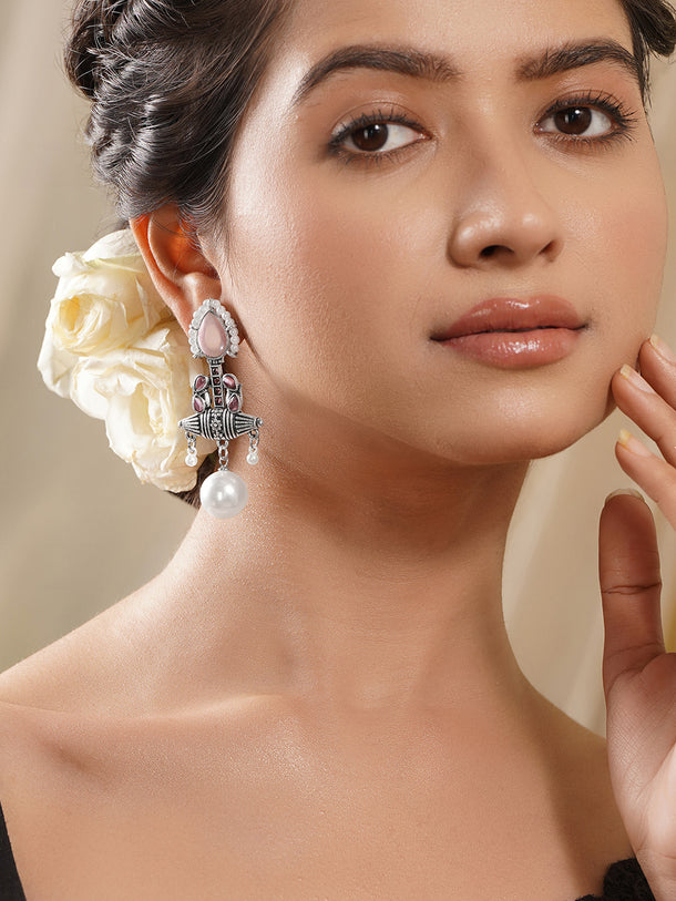 Blush Bloom Pearl Oxidised Drop Earrings