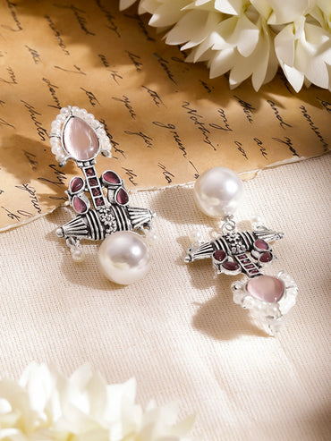 Blush Bloom Pearl Oxidised Drop Earrings