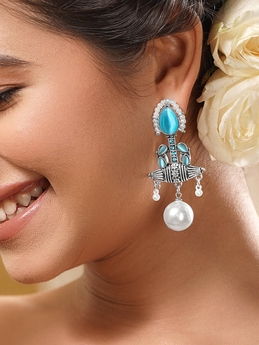 Sea Blue Pearl Oxidised Drop Earrings