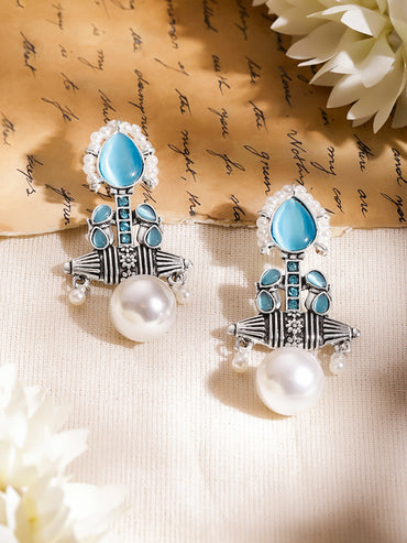 Sea Blue Pearl Oxidised Drop Earrings