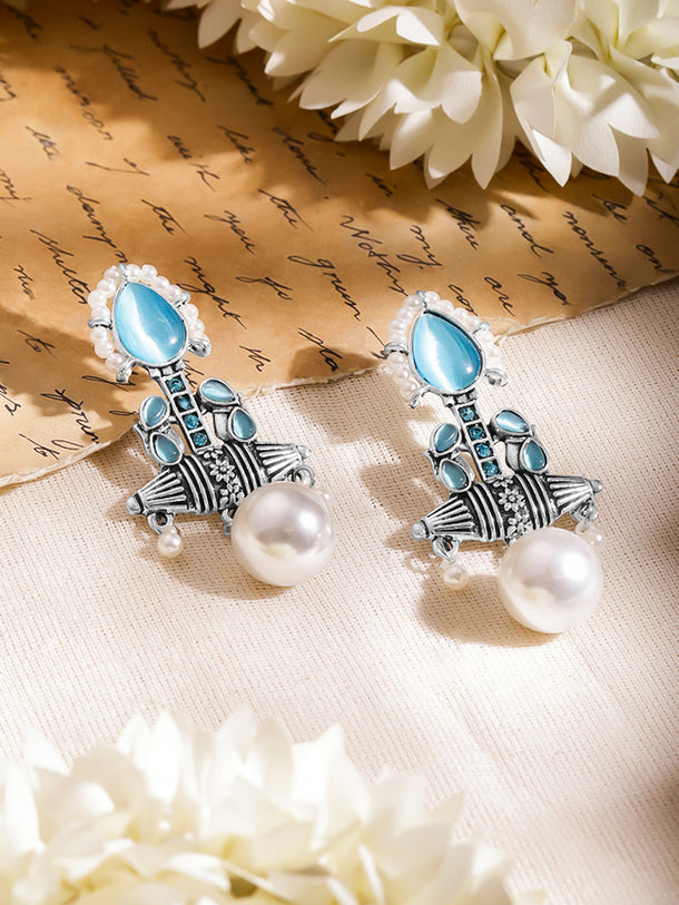 Sea Blue Pearl Oxidised Drop Earrings