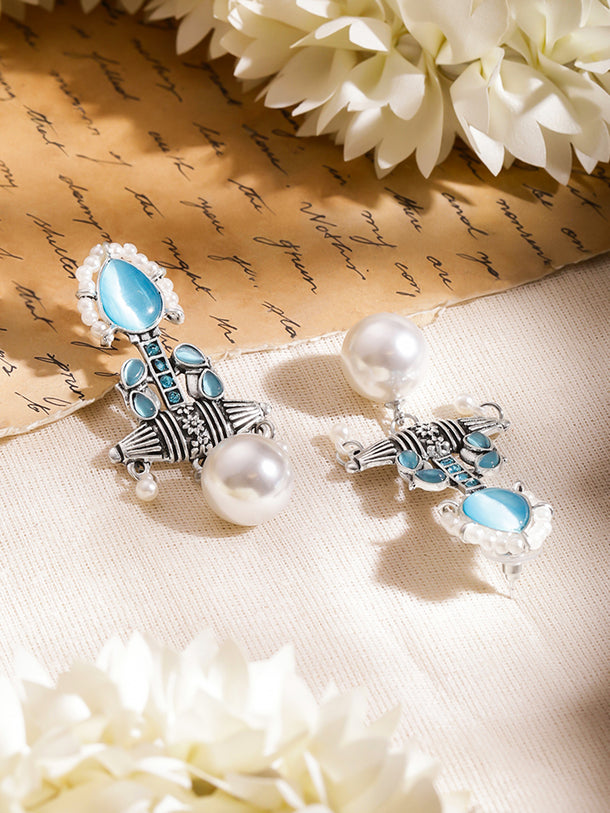 Sea Blue Pearl Oxidised Drop Earrings